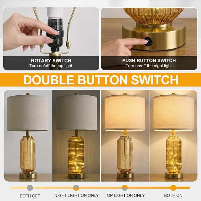 24.5" Bedside Table Lamps Set of 2, Amber Glass Nightstand Lamps with USB A+C Charging Ports and Night Light, Gold Modern Lamps for Bedroom, Living Room, End Table (2 Bulbs Included)