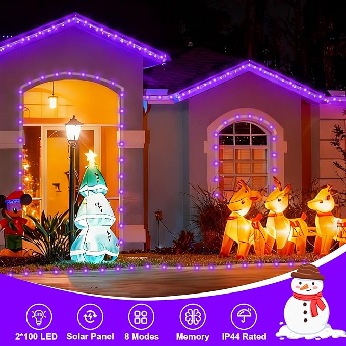 QITONG 2 Pack Purple Solar Rope Lights, Each 33ft 100 LED String Lights Outdoor, 8 Modes Fairy Lights in Clear Thin Tube