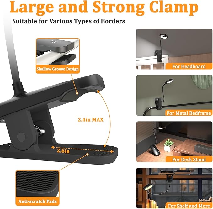 2 Pack Clip on Reading Light for Bed Headboard, Battery Rechargeable Large Clamp Bed Lamp - 5 Colors 5 Brightness, Flexible Arm Book Light at Night for Kids Bunk Desk Metal Bed Frame