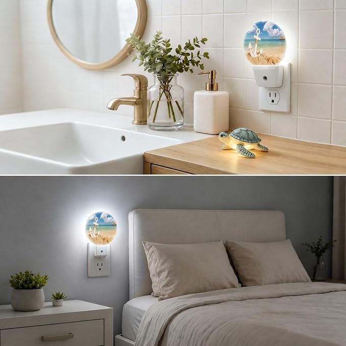 LED Night Light Summer Beach Night Lights Plug into Wall Auto on/off | Sea Wave Anchor Starfish on Sand Plug-in Night Light with Dusk to Dawn Sensor, Energy Saving Nightlight for Hallway Kitchen