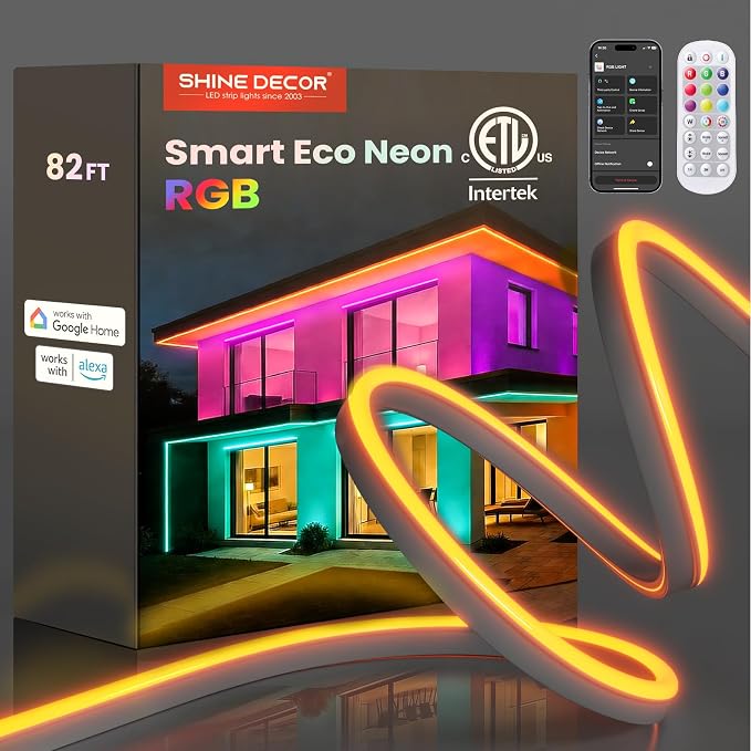 Smart LED RGB Neon Rope Lights AC 120V, ETL Expandable Color Changing Dimmable with Remote Compatible with Alexa, Google Assistant, Cold-Resistant & IP65 Waterproof, 8x16 mm, 82FT