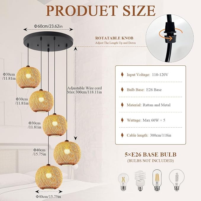 5-Light Staircase Bamboo Light Fixture Basket Weave Pendant Light Shade Boho Large Rattan Chandelier Coastal Wicker Pendant Hanging Lights for Foyer Living Room Farmhouse