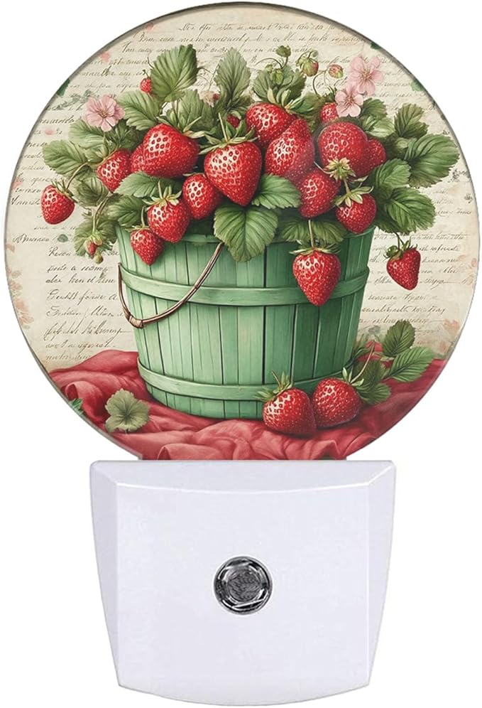 Plug-in Vintage Strawberry Still Life Night Light Basket of Fresh Strawberries Night Lights Plug into Wall with Auto on/Off Sensor, 0.5W LED Nightlight for Bedroom Bathroom