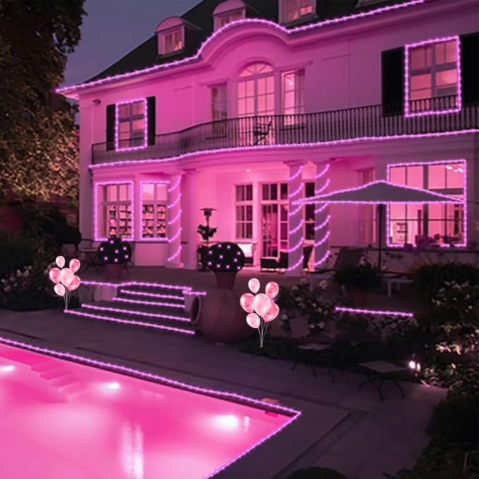 YEGUO Solar Rope Lights Outdoor Waterproof, 2 Packs Each 33ft 100 LED Solar String Lights, 8 Modes Fairy Lights in Clear Thin Tube for Camping Fence Patio Garden Trampoline Deck(Pink)