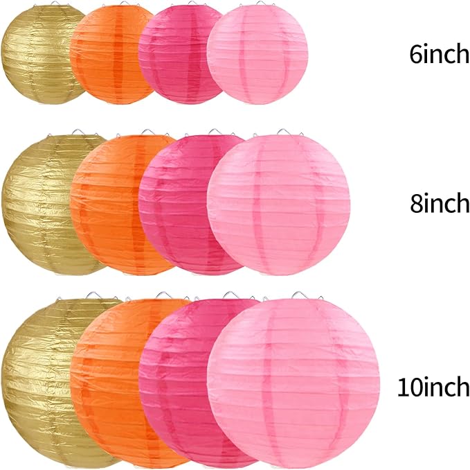 Pink Orange Gold Paper Lanterns Party Decorations, Round Hanging Paper Lanterns for Wedding Birthday Home Classroom Party Supplies (12 PCS)