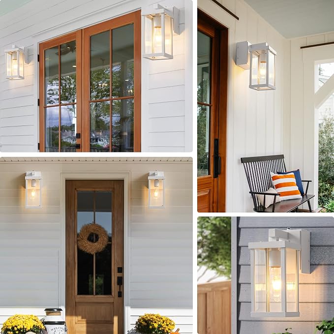 Porch Lights with GFCI Outlets Dusk to Dawn Outdoor Wall Lights Waterproof Exterior Lighting Fixtures Modern Outside Lights Wall Mount for House Patio Garage,White,11.8''H,1PC