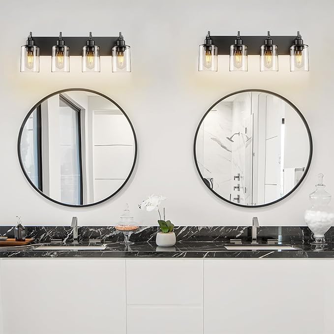 4-Light Black Bathroom Light Fixture Over Mirror Modern Farmhouse Bathroom Vanity Light Vintage Wall Lighting with Clear Glass Shade for Bathroom, Bedroom, Hallway, Cabinet