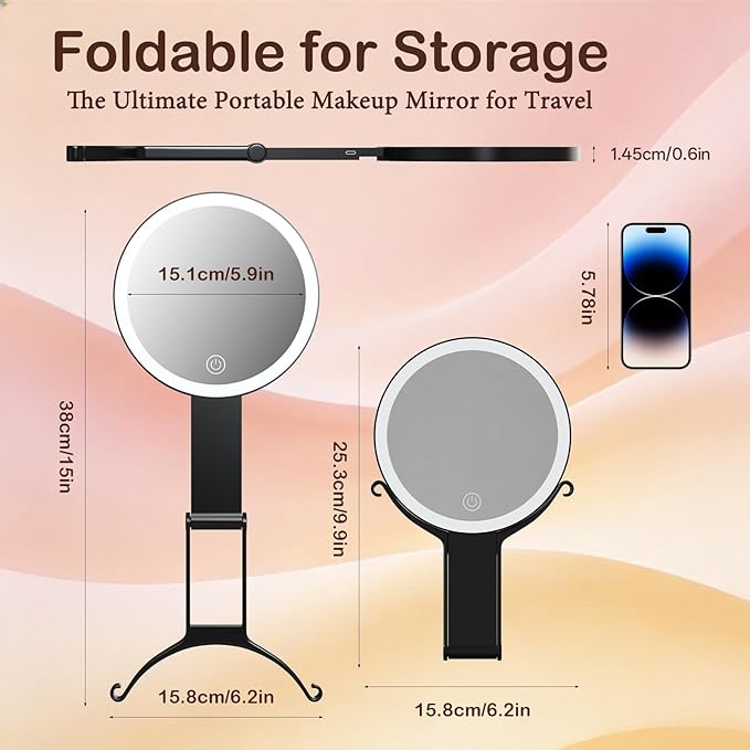 Makeup Mirror with Lights, 30X/1X Double Sided Magnifying Makeup Mirror with 3 Color Lighting and Adjustable Brightness, Portable hand mirrors with handle for Desktop Travel Use (1x/30x- Black)