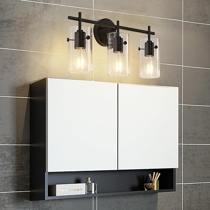 Bathroom Light Fixtures, 3-Light Matte Black Vanity Light, Black Bathroom Lights Over Mirror with Clear Glass Shade, Wall Sconces for Mirror Bedroom Living Room Hallway