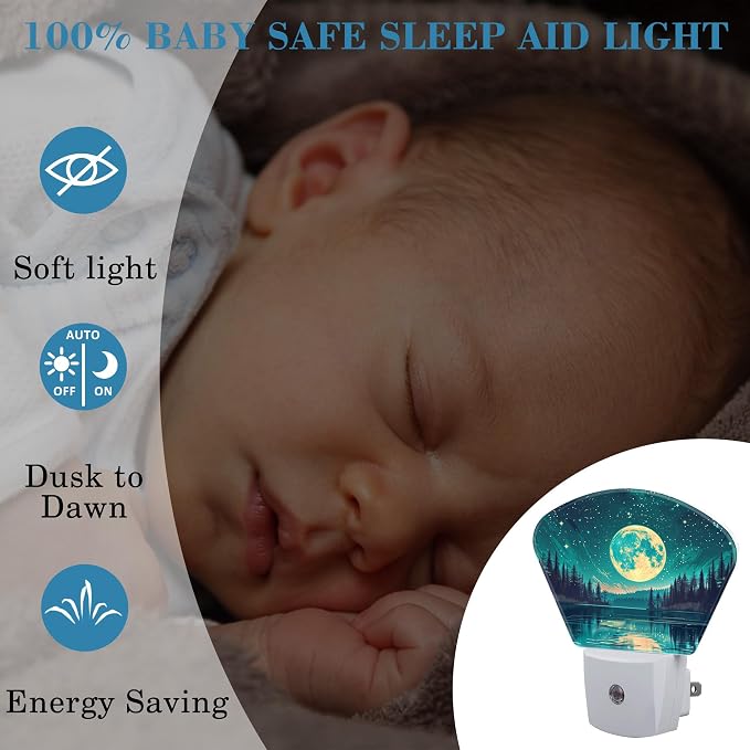 Fantasy Lake Forest Plug in Night Lights, Full Moon in Starry Sky Nightlight Plug Into Wall Dusk to Dawn Sensor for Kid Girls Boys Women Men Room, Hallway, Kitchen, Bathroom, Stairs Decor