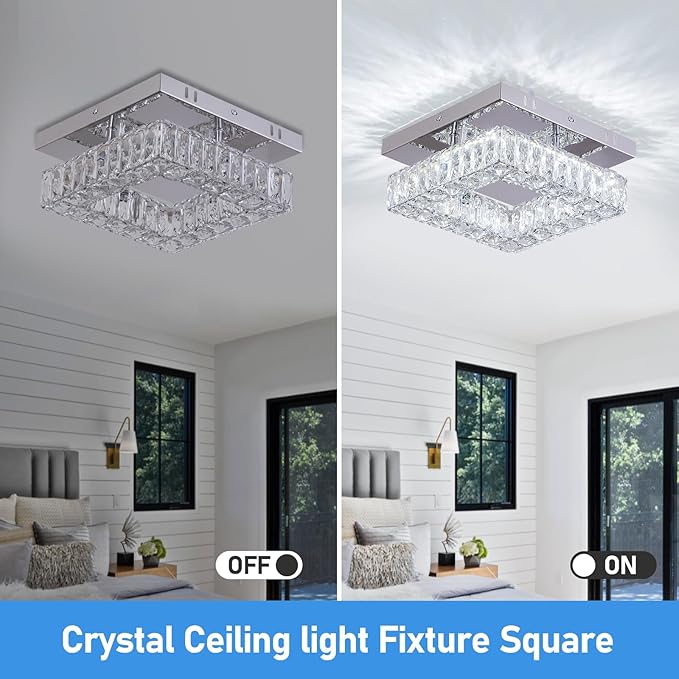 Mini Modern Crystal Chandeliers Square Flush Mount Ceiling Light LED Chandelier for Hallway Kitchen Foyer Dining Room,Dia 9.8",18 W 6000K