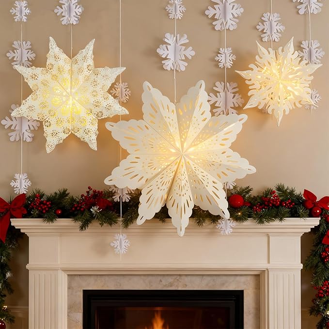 3Pcs Christmas Paper Snowflake Lanterns, Large Christmas Paper Star Lanterns with Lights & Banner White Hanging Snowflake Lamps for Xmas Winter Frozen Weddings Birthday Holiday Party Decorations