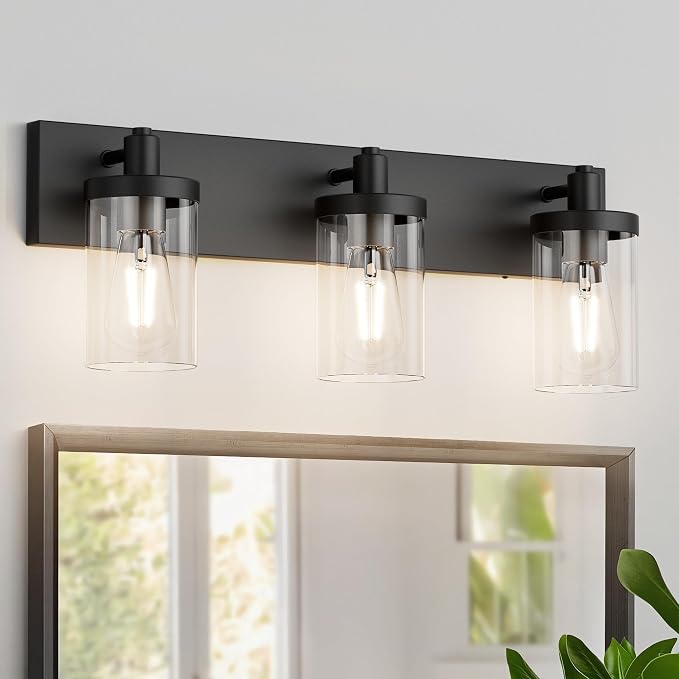 Aipsun Black Vanity Light for Bathroom 3 Light Farmhouse Bathroom Lights Fixtures Over Mirror with Clear Glass Shade(Exclude Bulb)