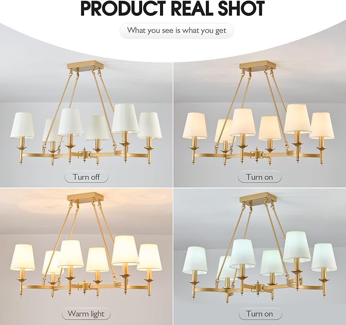 33.5" Gold Dining Room Chandelier with White Linen Fabric Shades 6-Light Rustic Industrial Ceiling Light Fixture Large Farmhouse Pendant Lights for Kitchen Island Living Room
