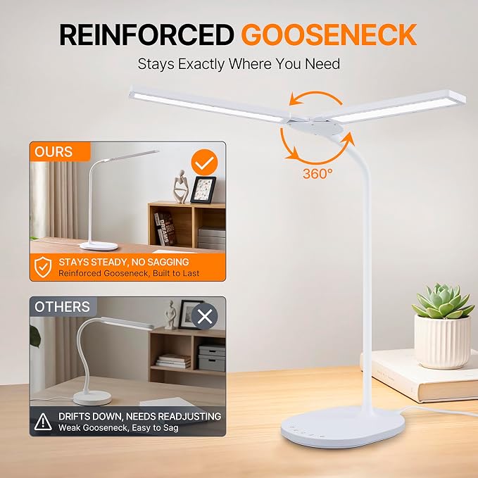 LED Desk Lamp, 2400 Lux Bright Desk Lamp for Home Office, Dual Head Adjustable Desk Lamp with 5 Color Modes, Stepless Dimming, 360° Gooseneck, Auto Timer, Eye Caring Task Light