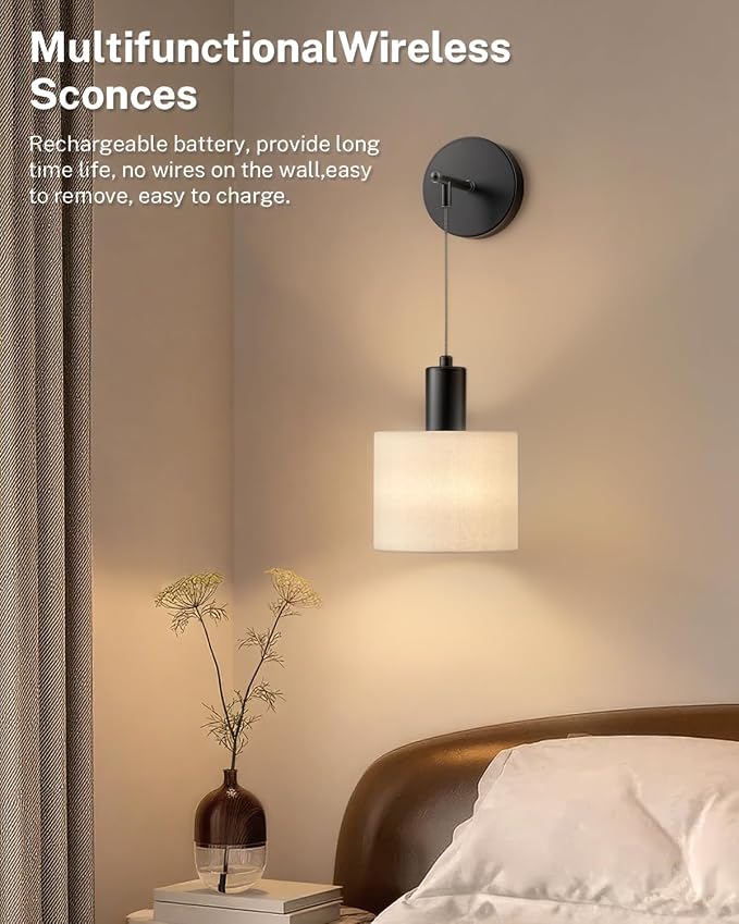 SAIMAND Battery Operated Wall Sconces Set of 2,Wireless Rechargeable Lights | Modern Cordless Wall Sconces with Remote Control, 9-Color Dimmable LED Lamps for Bedrooms, Living Rooms and Hallways (Black)