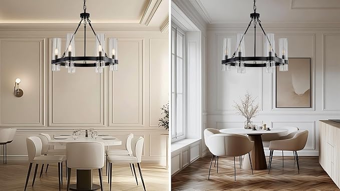 22 Inch Black Wagon Wheel Chandelier with Glass Shade, 6 Lights, Modern Farmhouse Style, Ideal for Dining Room, Kitchen, Entryways