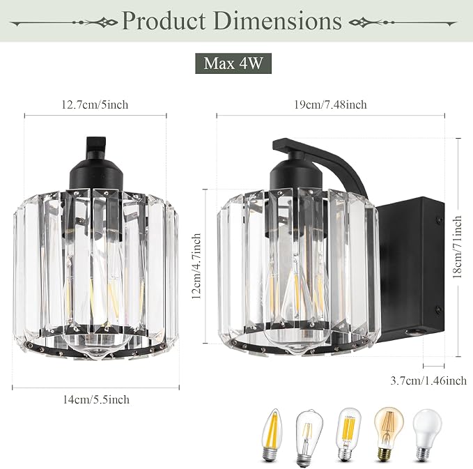 BELS 8 Inch Battery Operated Wall Sconces Set of 2, Farmhouse Black Wall Lights Fixture with Crystal Shade, 3 Colors Temperature, Remote Control, Dimmable, Wall Sconces for Mirror, Bathroom, Bedroom