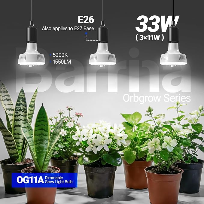 Barrina OG11A Grow Light Bulbs for Indoor Plant, 5000K 11W, 3 Packs, White | Integrated Dimming & Timing, E26 Plant Light Bulb, Full Spectrum, High PPFD for Seeds and Greens