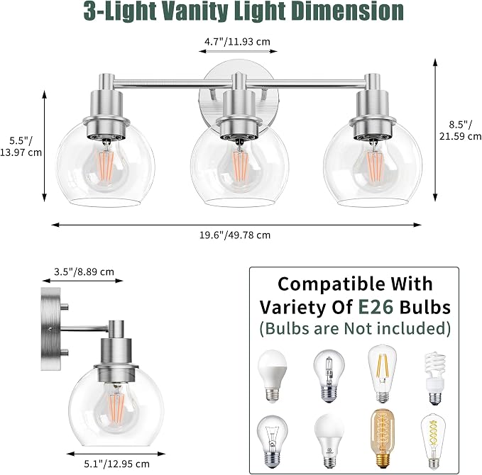 3 Light Bathroom Light Fixtures, Brushed Nickel Bathroom Vanity Lights, Modern Vanity Lights 3-Light Globe Bathroom Vanity Lighting Fixture Over Mirror
