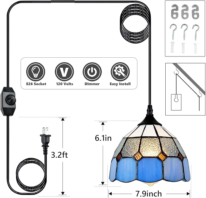 Tiffany Style Plug in Pendant Light Mini Chandelier with 16.4 Ft Hanging Cord and in Line On/Off Dimmer Switch, Vintage Swag Ceiling Lamp for Dining Room, Bedroom or Porch (7.9" in Width)