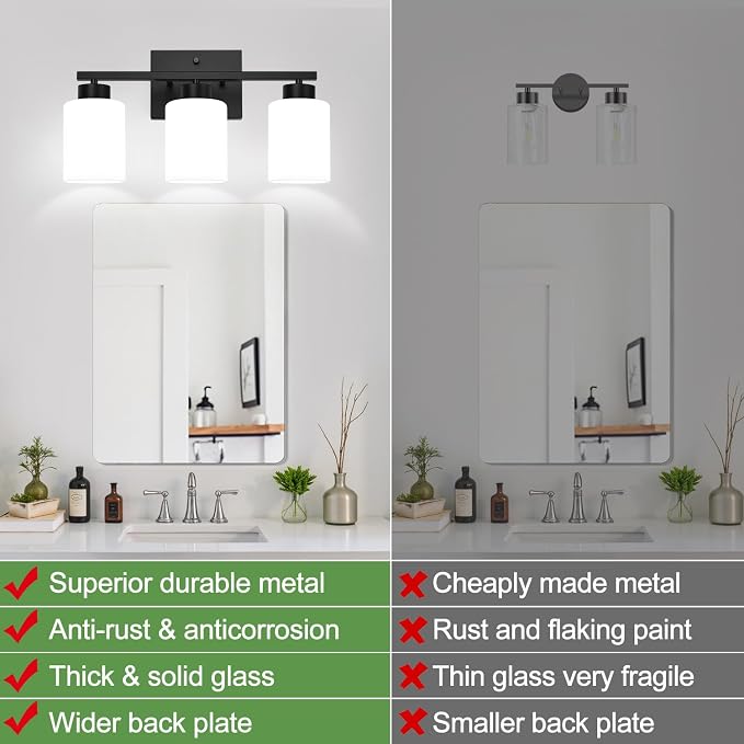 3-Light Bathroom Light Fixtures, Black Vanity Light with Milky White Frosted Glass Shades, Bathroom Wall Lamp with E26 Socket, for Mirror, Living Room, Bedroom