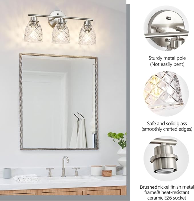 3-Light Bathroom Light Fixtures, Brushed Nickel Vanity Lights Over Mirror | Modern Farmhouse Wall Sconces with Hammered Glass Lampshade for Kitchen Hallway Bedroom Living Room Cabinet Porch-18.1IN