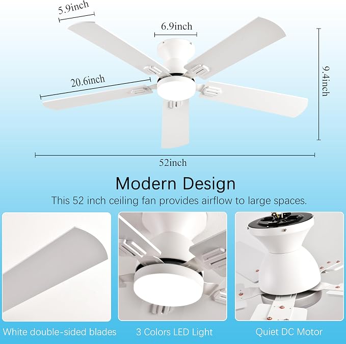 KNUN 52 inch Ceiling Fans with Lights, White Low Profile Ceiling Fan with Remote Control and App, Double-sided Fan Blades, 3CCT Dimmable LED, Noiseless, Flush Mount Ceiling Fan for Bedroom, Patio.