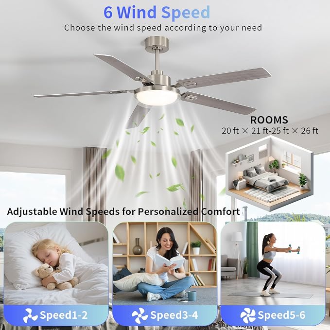60 Inch Ceiling Fans with Lights and Remote, Living Room Office Industrial, 5CCT Dimmable, Dual Color 5 Blades, 6 Speed Reversible Quiet DC Motor, Double-Layer Lampshade, Sand-nickel/Wood Grain