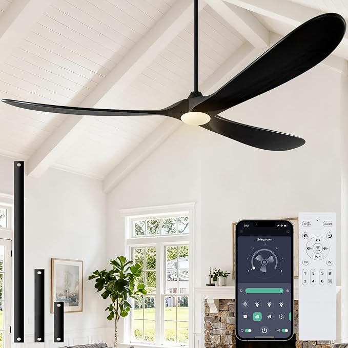 72 inch Outdoor Ceiling Fans with Lights-Glass Lamp, Large Damp Rated Wood Propeller Blades for Big Patios & Porch, Smart APP and Remote Control, 3 Blades Dimmable LED Ceiling Fans, High CFM-Black