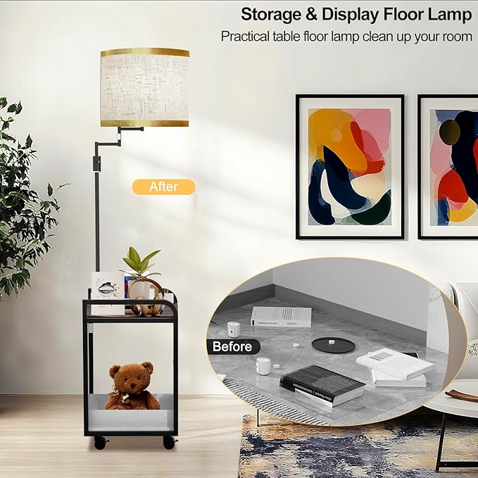 Lightdot 63IN Floor Lamps withTable&Basket, Modern Standing Tall Lamps with Adjustable Fabric Shade and Movable Casters, End Table Lamp for Living Room/Sofa Beside/Corner Decor-Black(Bulb Included)