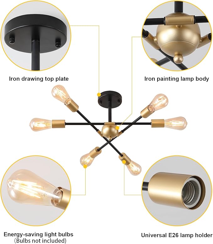 Modern Semi Flush Mount Ceiling Light Fixture Black and Gold Close to Ceiling Light 6-Light Sputnik Chandelier Light Fixture for Hallway Entryway Bedroom Kitchen Dining Room UL Listed
