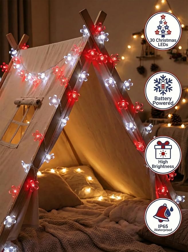 Flower Battery Operated Indoor String Lights 30L Cherry Blossom Fairy Light | Waterproof Outdoor Party Birthday Wedding Christmas Home Red White