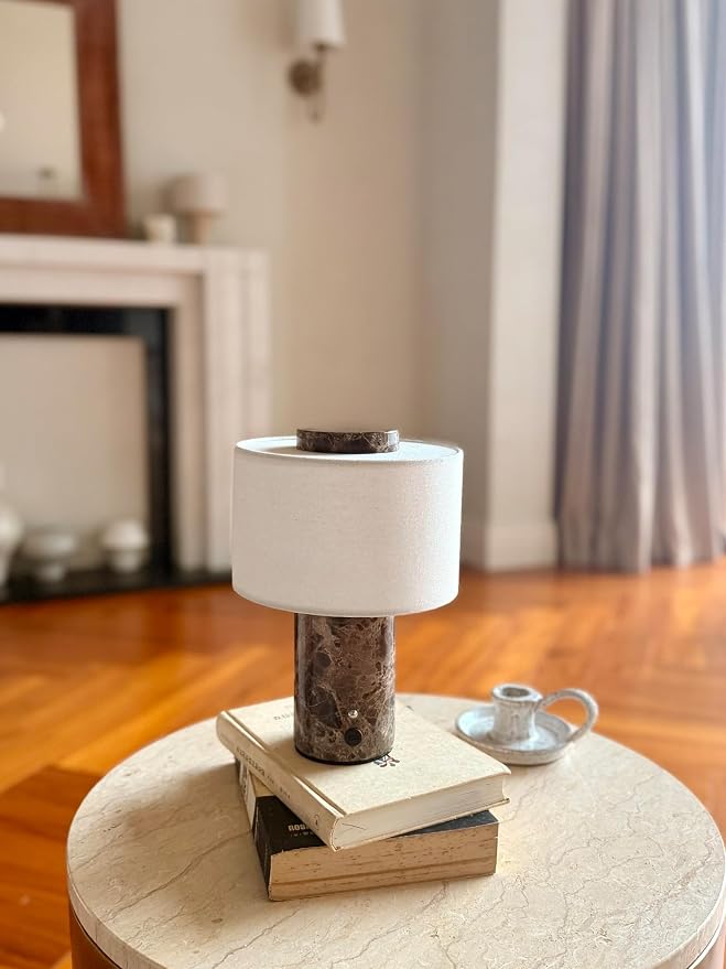 Marble Lamp, Stone Table Lamps Collection - Modern Cylindrical Lampshade Cordless Luxury Design Bedside Brown Lamp for Home Decor, Bedroom, Living Room & Office (Rechargeable Emperador Dark Lamp)