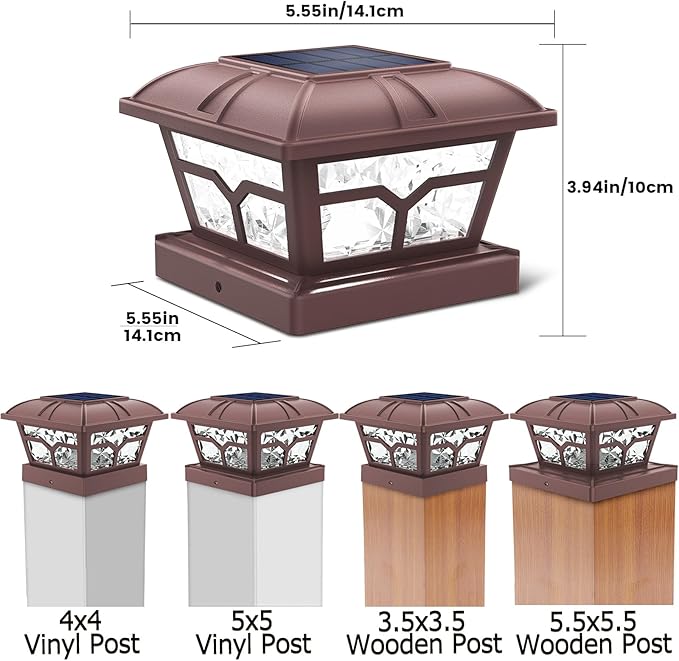 SIEDiNLAR Solar Post Cap Lights Outdoor 2 Color Modes 8 LEDs for 4x4 5x5 6x6 Posts Fence Deck Patio Decoration Warm White & Cool White Lighting Brown (2 Pack)