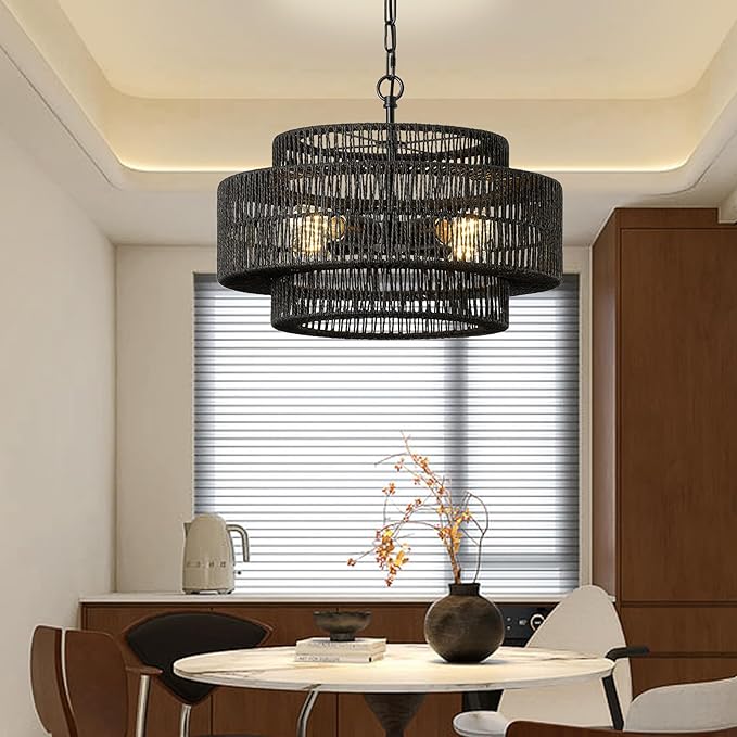 17.7" Black Large Boho Rattan Chandeliers for Dining Room, 4-Light Rattan Hand-Woven Farmhouse Drum Chandelier Pendant Light Fixture for Kitchen Island Bedroom Living Room Entryway Foyer