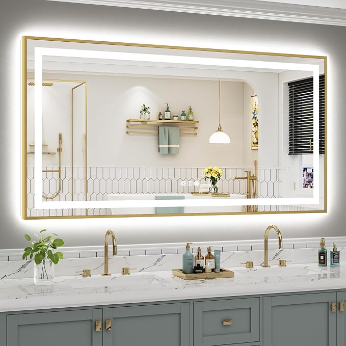 68x36 Inch LED Bathroom Mirror with Gold Frame, Backlit & Front Lit | Anti-fog, 3 Color Dimmable, Memory Function, HD Reflection Tempered Glass, ETL Listed, IP54 Waterproof