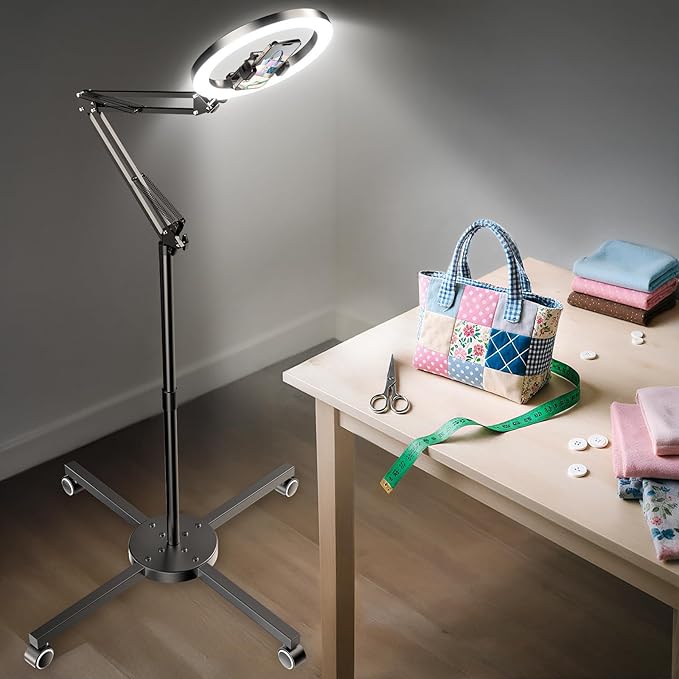 Ring Light with Stand & Lockable Wheels, Ring Light Tripod for iPhone with Phone Holder for Video Recording, Overhead Phone Mount, 30 Lighting Combinations, Perfect for Crafts/Live Streaming/Tutorials