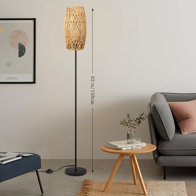 Ruiever Floor Lamp for Living Room,Farmhouse Floor lamp,Modern Standing lamp with Hand-Worked Rattan Shade (Drum Shade-with Remote)