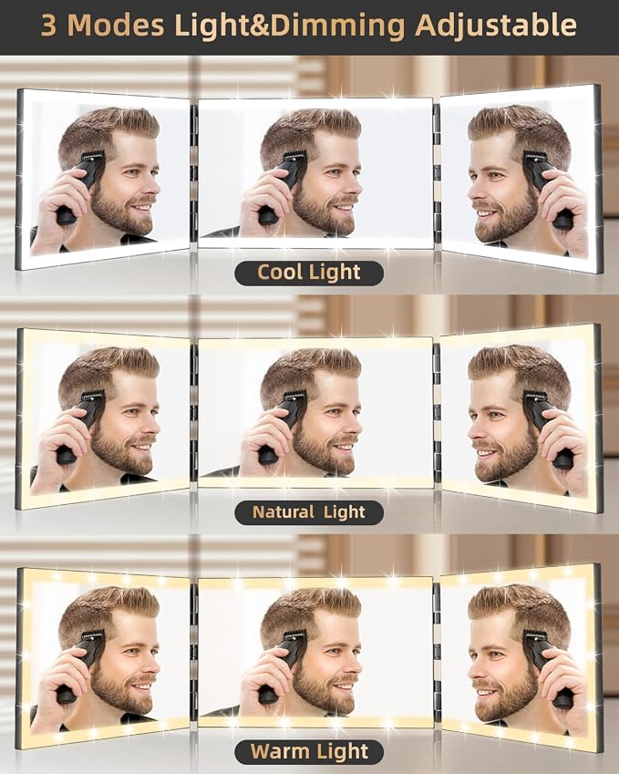 XIGETRAIL Rechargeable 3 Way Mirror for Hair Cutting with 8 Light Strips | Trifold Barber Mirror with Telescoping Hooks for Makeup, Shaving, Braiding and Styling