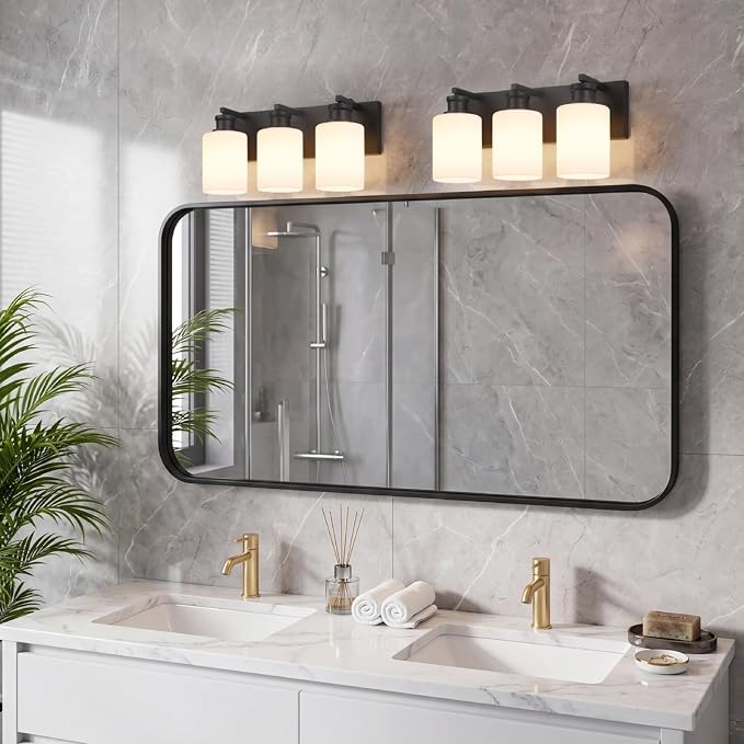 Bathroom Vanity Light, Modern 3 Light Bathroom Light Fixture Over Mirror | Light Fixture Over Sink with White Glass Shade, Black Vanity Lights for Bathroom, E26 Base, 16.5 inch (Bulbs Not Included)