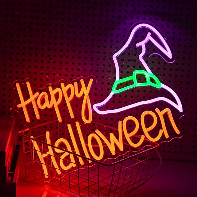 Happy Halloween Neon Sign Mysterious Purple Green Hat LED Neon Light for Wall Decor Dimmable USB Powered Halloween Light Up Sign for Halloween Decor Home Spooky Party bedroom Decor(16.5 * 12.6 In)