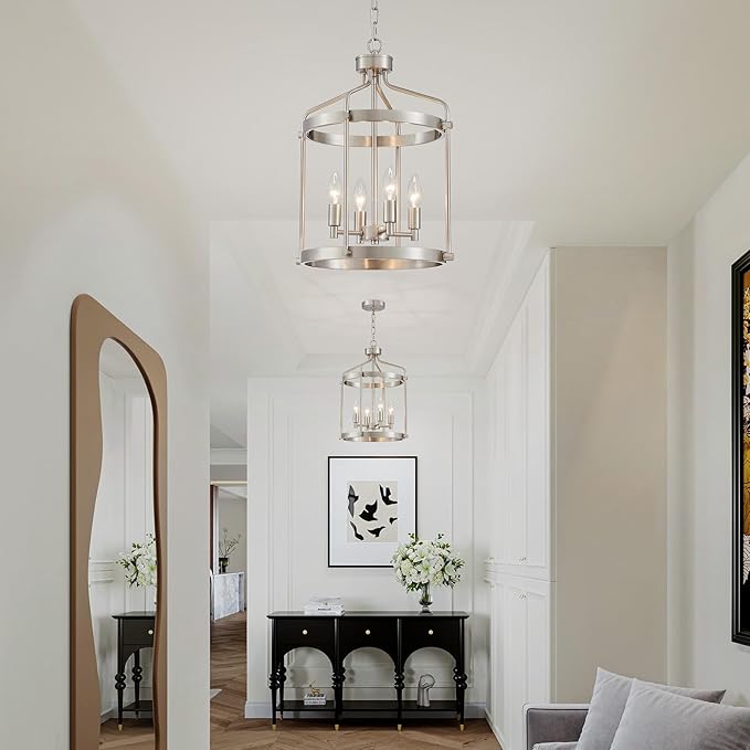 Modern Chrome Chandelier, 4-Light Farmhouse Chandeliers for Dining Room Light Fixture Over Table Adjustable Height Hanging Industrial Pendant Light for Hallway Entryway Living Room Kitchen Bedroom