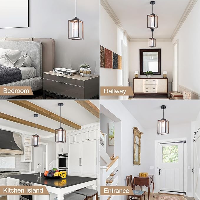 Farmhouse Pendant Light in Wood and Metal Cage, Rustic Pendant Light with Glass, Adjustable Hanging Light Fixtures, Mini Pendant Lighting for Kitchen Island, Hallway, Foyer (Square Brown-1 Pack)