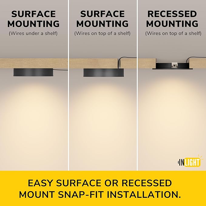 Getinlight 2.75" Under Cabinet LED Puck Lights Kit, Plug-in 12V Set with in-Line Dimmer, 3000K Warm White, Recessed or Surface Mount, ETL Listed, 6-Pack, IN-0102-6-BK