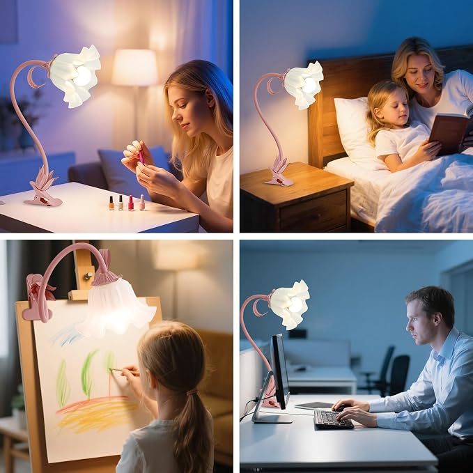 Clip On Light and Flower Bedside Table Lamp, Flexible Gooseneck Reading Book Light with 3 Color Modes, Night Light for Kids Nursery, Clip on for Desk, Bed Headboard, Dorm (Pink)