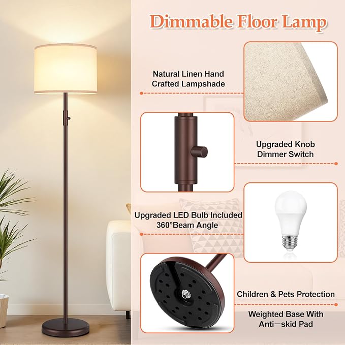 【Upgraded】 Dimmable Floor Lamp, Modern Floor Lamps for Living Room, Standing Lamp with Linen Shade, Tall Lamp for Bedroom Office Dining Room- Brown