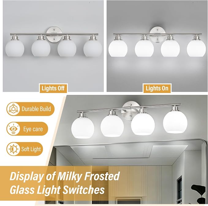Brushed Nickel Bathroom Light Fixtures, 4-Light Vanity Light Over Mirror | Modern Bathroom Lighting Over Mirror, Wall Sconces, Milky White Globe Glass Shades, E26 Socket,ETL Listed