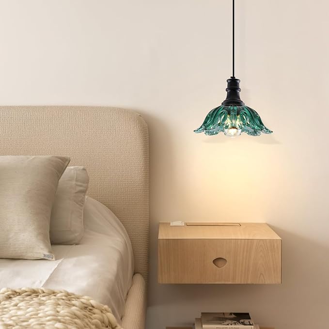 Green Pendant Light, Flower Pendant Lighting with Glass Shade, Vintage Pendant Light Fixture for Kitchen Island, Living Room, Dining Room, Sink, Hallway, Restaurant