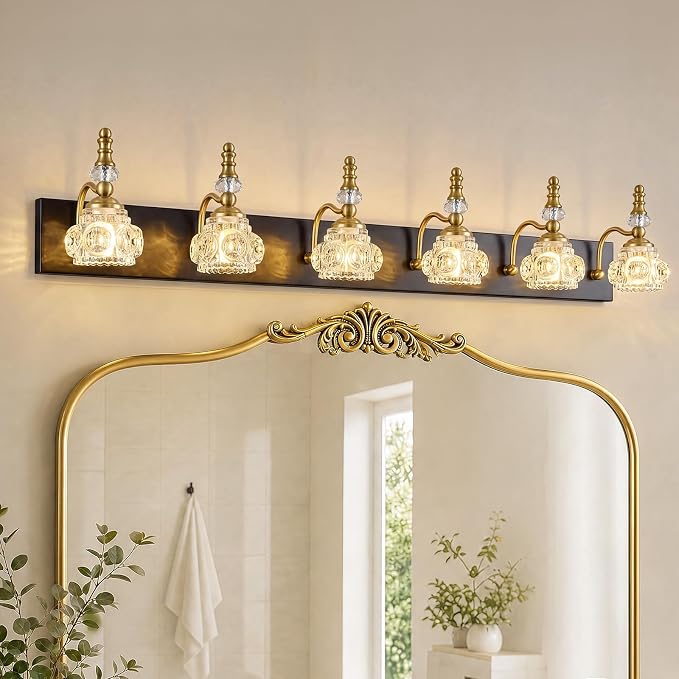 6-Light Vintage Bathroom Vanity Light Fixture Industrial Black Gold with Glass Shade Vanity Light Fixtures Over Mirror Glass Bathroom Vanity Lighting Fixtures G9 Bulb Wall Lights
